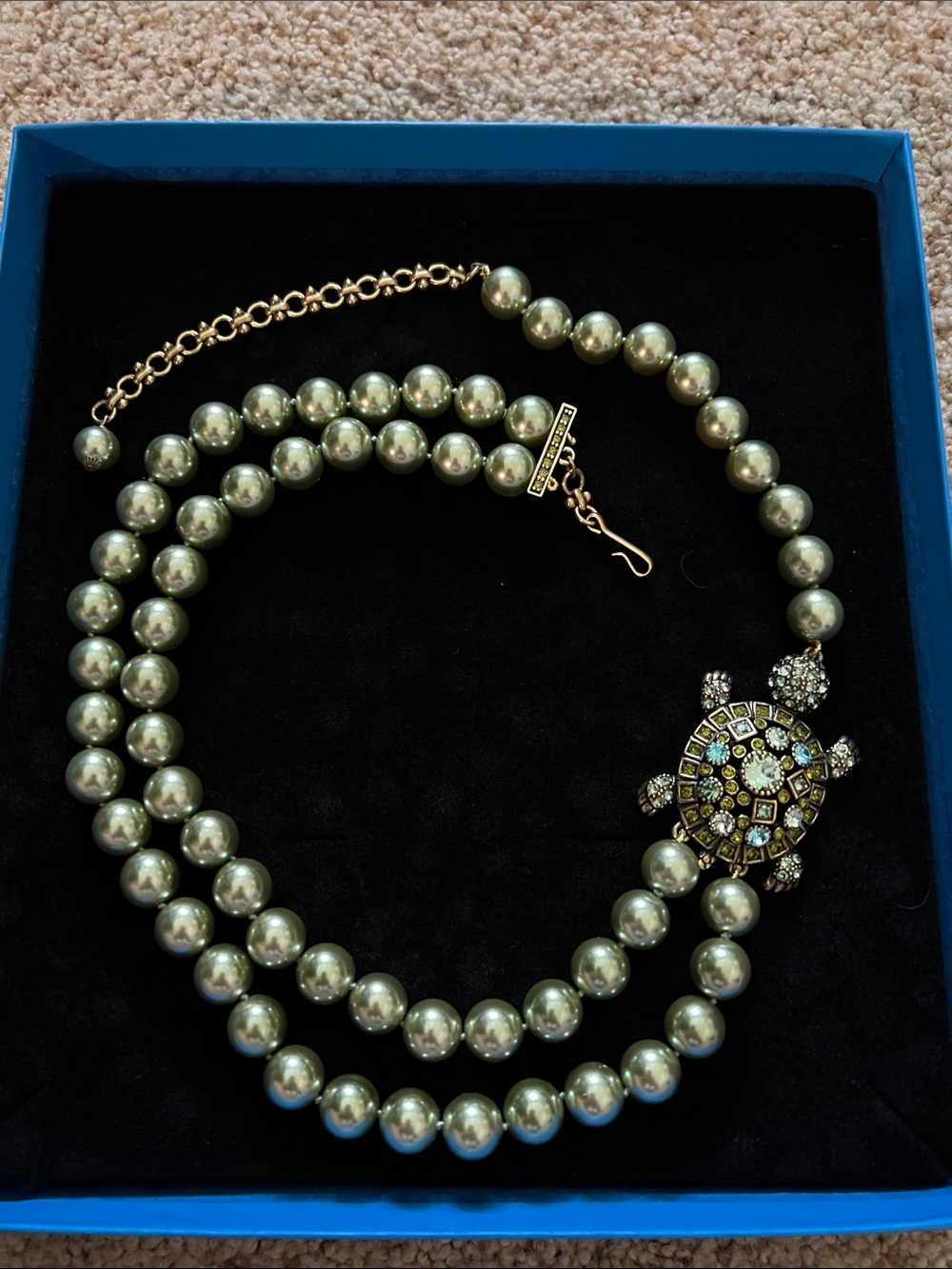 Heidi Daus Olive-Green Pearl Double Strand Necklace with Turtle Charm